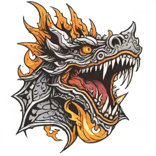 medieval dragon,with flames coming out of its eyes,mouth wide open sharp teeth tattoo design idea
