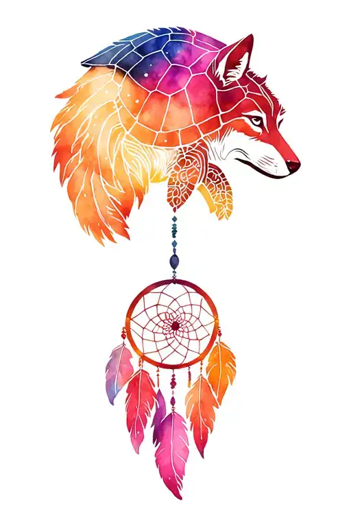 turtle dreamcatcher with wolf surrounded tattoo design idea