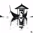 vietnamese fishing boat with a small roof in the distance in calm water with nothing in the background woman sitting in tattoo design idea