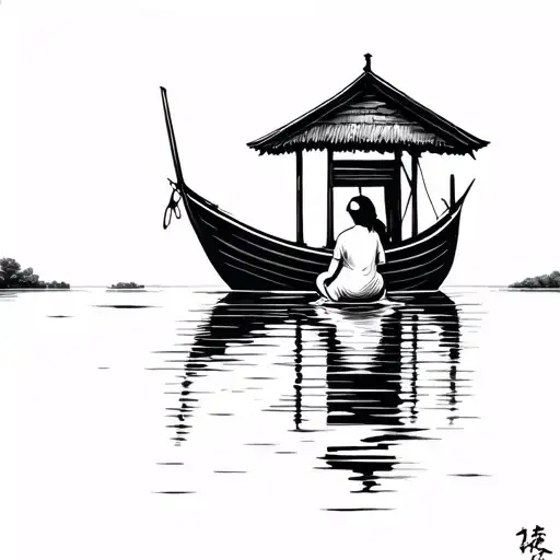 vietnamese fishing boat with a small roof in the distance in calm water with nothing in the background woman sitting in tattoo design idea