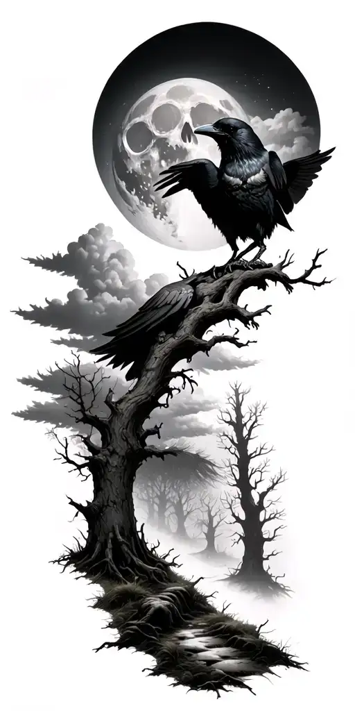 haunted forest path, large full moon on shoulder, skull hidden in clouds, dead trees, raven  tattoo design idea
