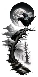 haunted forest path, large full moon on shoulder, skull hidden in clouds, dead trees, raven  tattoo design idea