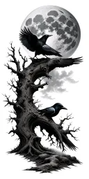 haunted forest path, large full moon on shoulder, skull hidden in clouds, dead trees, raven  tattoo design idea