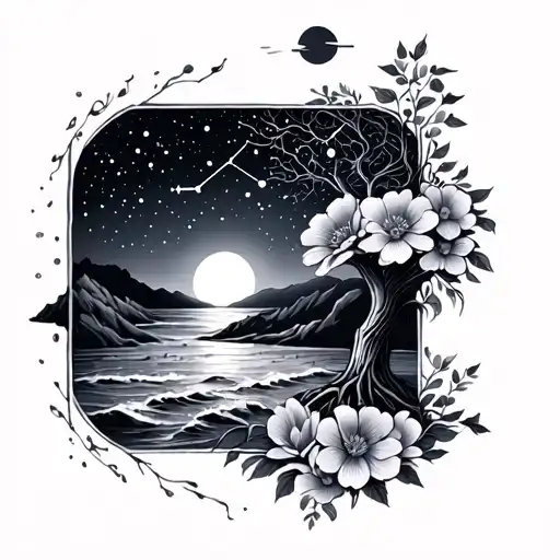 Flowers, beach, constellations and tree of life and family tattoo design idea