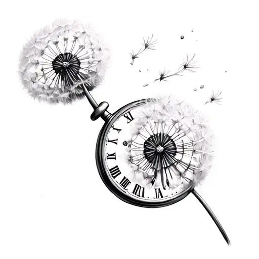 dandelion blowing in the wind, with a pocket watch behind it tattoo design idea