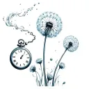 dandelion blowing in the wind, with a pocket watch behind it tattoo design idea