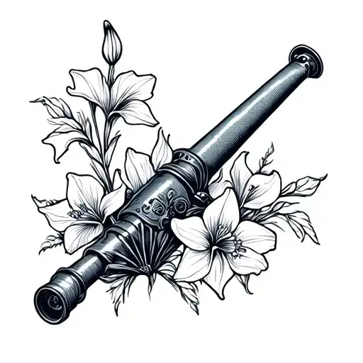 A minimalist design of an Arsenal cannon intertwined with gladioli flowers tattoo design idea