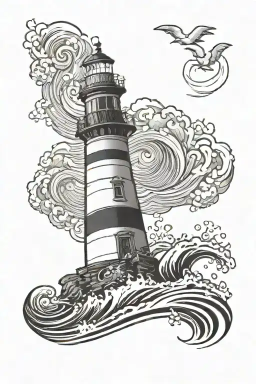 Lighthouse with waves and a baner across the bottom  tattoo design idea
