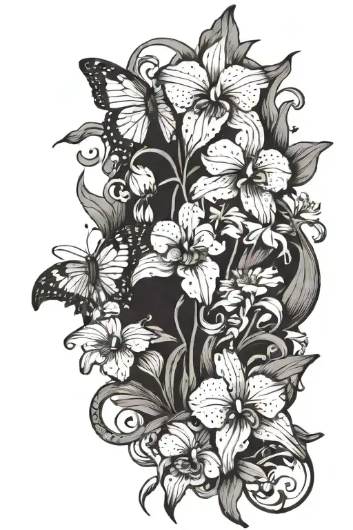 vine that wraps around arm with iris, primroses, daisys, sweet peas and violets. when butterflies around them  tattoo design idea