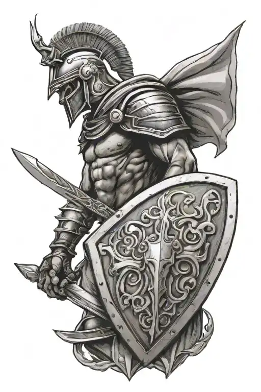 Trojan warrior,Shield, Sword, abs tattoo design idea