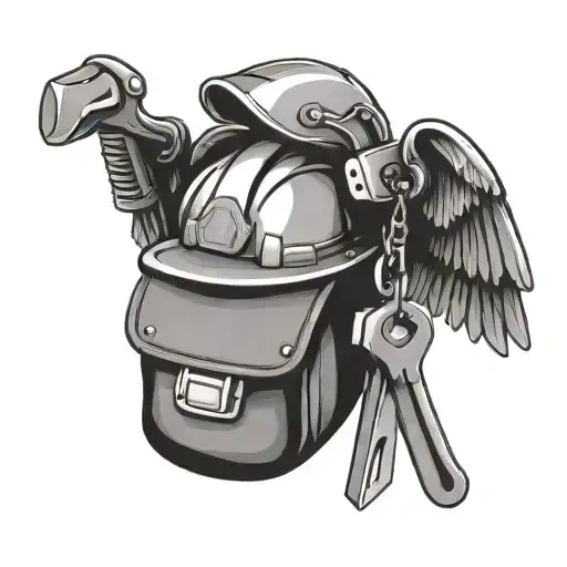 hard hat with wings carrying a tool bag.hanging from hat showing tool like a measure tape screwdriver pliers saw hammer  tattoo design idea