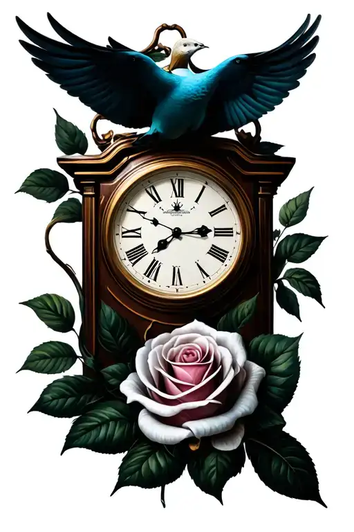 dove, clock and rose tattoo tattoo design idea