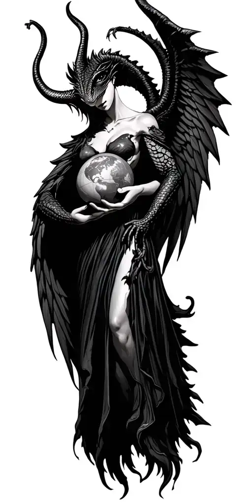 female satan , reptile wings , holding globe tattoo design idea