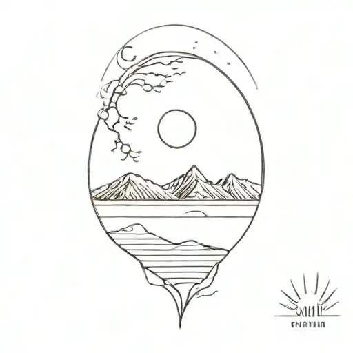 A minimalist tattoo of a serene beach scene and mountain  with Saturn in te circle of sa planet  tattoo design idea