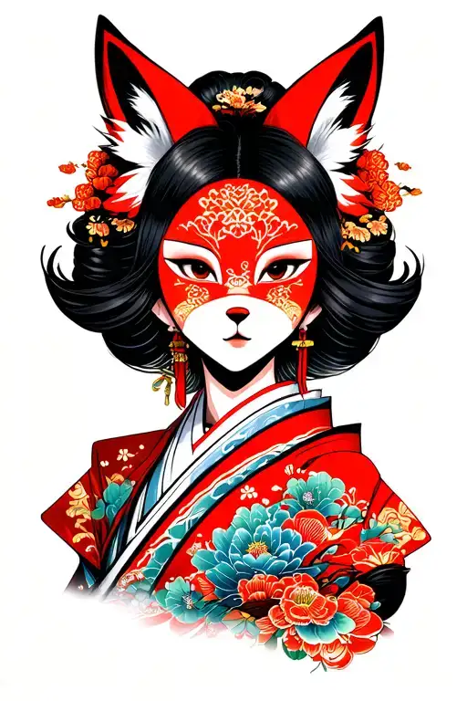 japanese woman face with a traditional  fox face mask on her hair  tattoo design idea