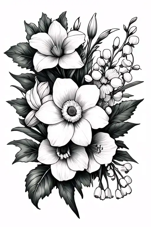 black and white men's floral tattoowith daffodil, jonquil, lily of the valley, hawthorn, and chrysanthemum flowers tattoo design idea
