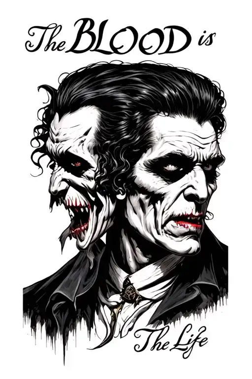 Dracula and below the face to write The Blood is The Life tattoo design idea