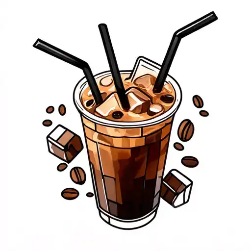 RealisGeometric Iced coffee tattoo in a disposable cup dlat lid with straw and Ice cubes with coffee bean around Colored tattoo design idea