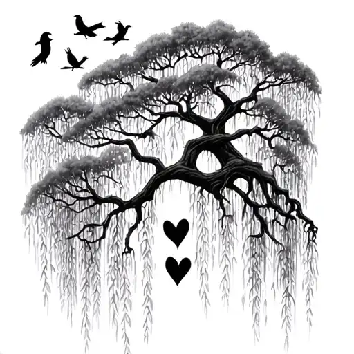 Draw me a tattoo of a weeping willow with 6 birds on it and on the trunk it has a heart with j and k tattoo design idea