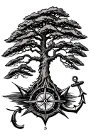 tree and compass and anchor connected tattoo design idea