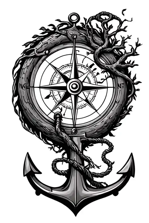 tree and compass and anchor connected tattoo design idea