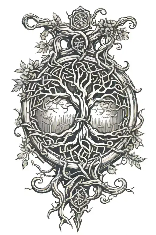 celtic tree of life knot growing out of cracked wooden shield with twisted tendrils of overgrown branches tattoo design idea
