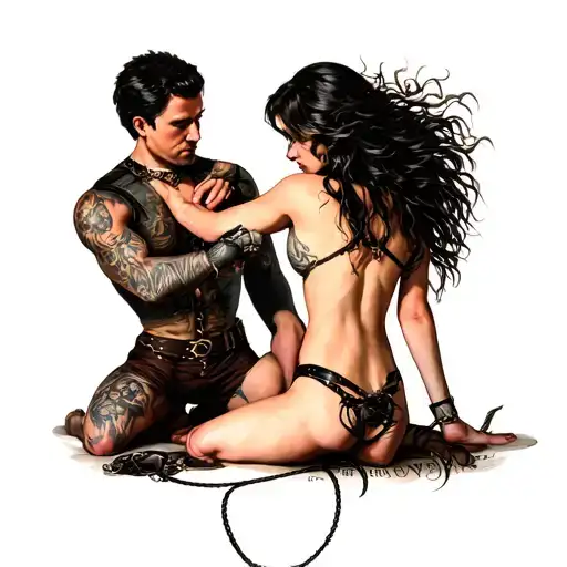 "With a dongeon, whips,collars," "With a dongeon, whips,collars," s&M scene with man kneeling worshiping at a sexy womans feet while she stands. tattoo design idea