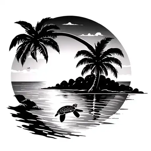 A tranquil beach sunset with a silhouetted palm tree and a gentle sea turtle swimming in the distance tattoo design idea