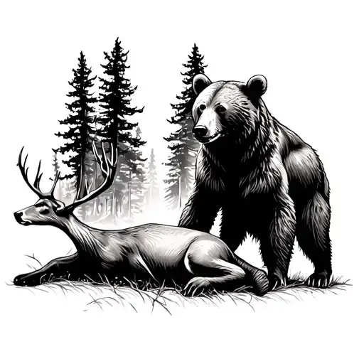 a bear standing over a dead deer in the forest tattoo design idea