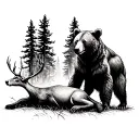 a bear standing over a dead deer in the forest tattoo design idea