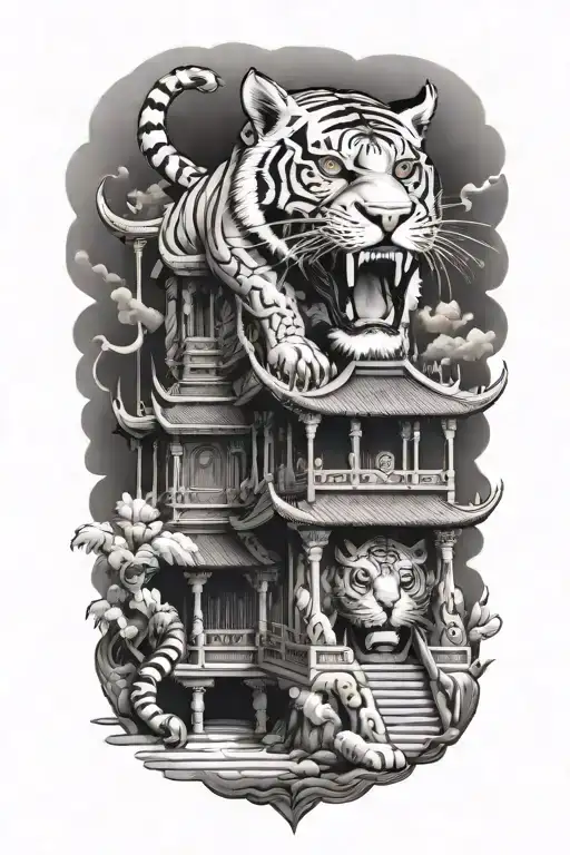 Thai temple with tiger tattoo design idea