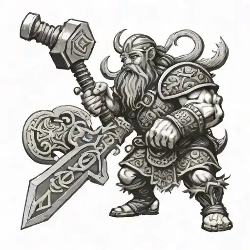 maui, vikings, dwarf fantasy fighter hammer tattoo design idea