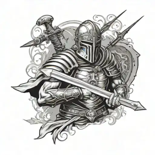 Roman soldier with sword and body armor with creeping death in background  tattoo design idea