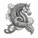 horse, feather, paw, snake coiled snake wrapped tattoo design idea