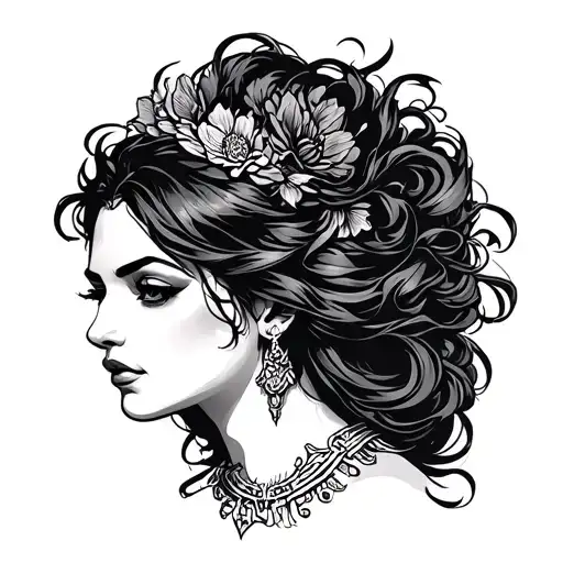 A black and white tattoo stencil design of a fierce yet elegant woman inspired by Delilah from the biblical story. She i tattoo design idea