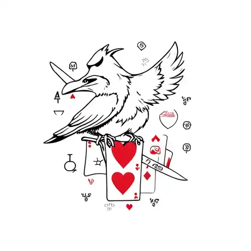 crow holding a knife, around it are playing cards, a cute wolf, some chemistry positions cute aswell and a human heart tattoo design idea