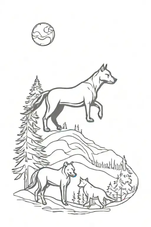 Northern lights in sky in color, winter, trees, horse and fox in background, two pitbull dogs in center sillouette tattoo design idea