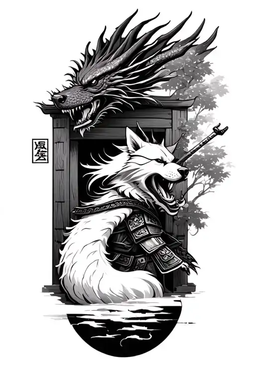 samurai and dragons and war and robots and scenery and japanese culture and japanese wooden doorways and dogs and mechan tattoo design idea
