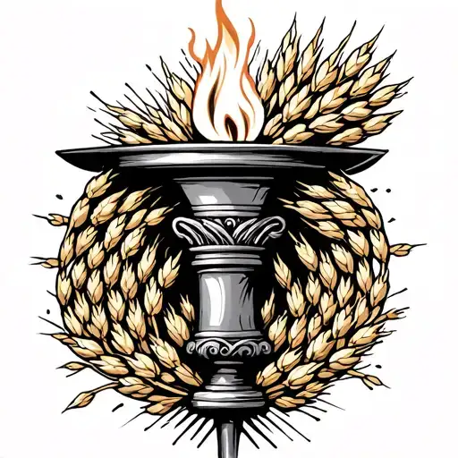Ionic Greek torch with strands of wheat and the phrase "i swear it on the river styx" integrated tattoo design idea