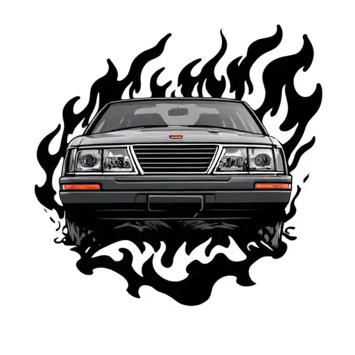saab car emerging through fire tattoo design idea