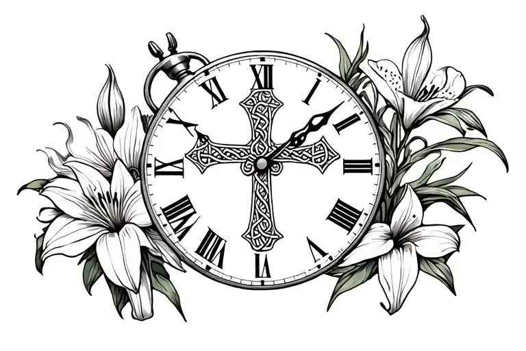 capricorn symbol, pocket watch, lily flowers, books, celtic cross, tattoo design idea