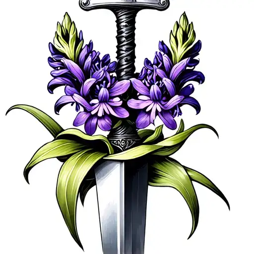 purple hyacinth coiling around a dagger wrapped tattoo design idea