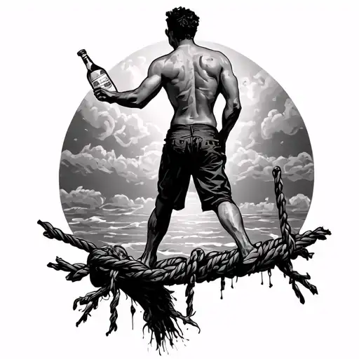 Tattoo size: the whole back and both hands. Back: a man walks on a rope and balances, holds a bottle of alcohol in one hand tattoo design idea