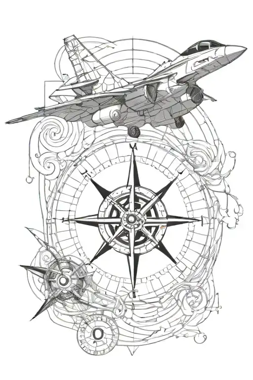 golden ratio spiral as wave, with compass design and fighter jet tattoo design idea