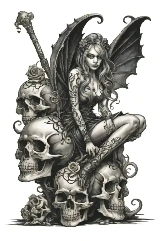 gothic fairy sitting on a skull tattoo design idea