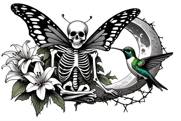 skeleton with butterfly wings holding a hummingbird, a half moon and barbed wire growing lilies tattoo design idea
