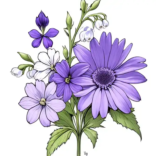 larkspur, violet and primrose, aster, and Lilly of the valley flowers,  tattoo design idea