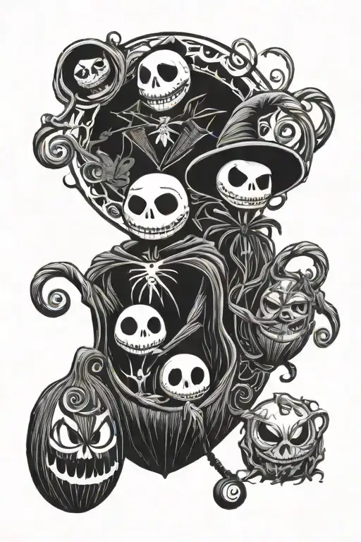 nightmare before christmas with jack, oogie boogie and lock shock and barrel tattoo design idea