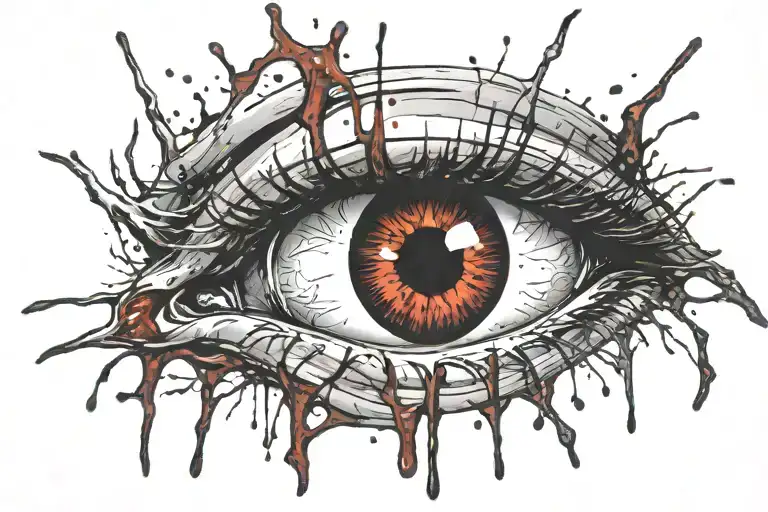 Bleeding Eye looking through torn flesh blood splatter. red and black tattoo design idea