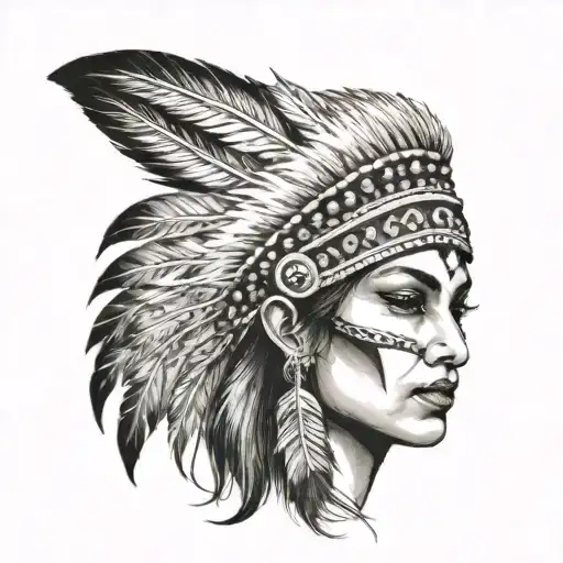 face of an Indian woman with a feather hat with a red line at eye level, realistic and on the forearm tattoo design idea